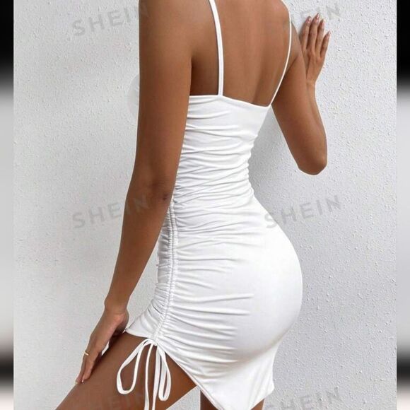 SHEIN EZwear ruched drawstring side tie camisole dress, ivory off white L - Picture 5 of 12